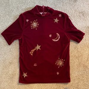 Beautifully Embroidered, Deep Red Velvet top w/ gold Shooting Stars & Moon.